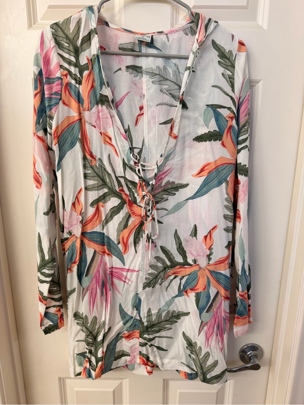 Hurley White Floral Lace-Up V-Neck Tunic with Coral Pink & Green Accents